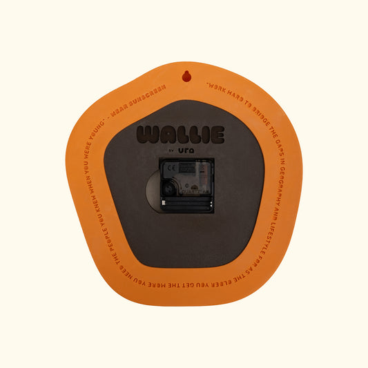 Hot orange Wallie Wall clock from back ade by Ura Watches / EON TIME