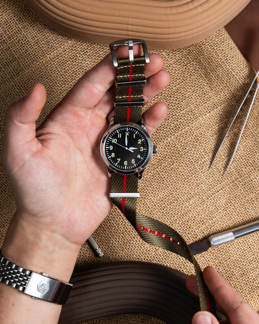 Military Green Nylon Watch Strap - Red Line, 22mm Slip-Through
