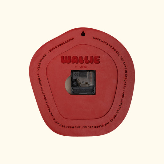 Wallie Clock from the back with logo and letters. Made by Ura Watches / EON TIME