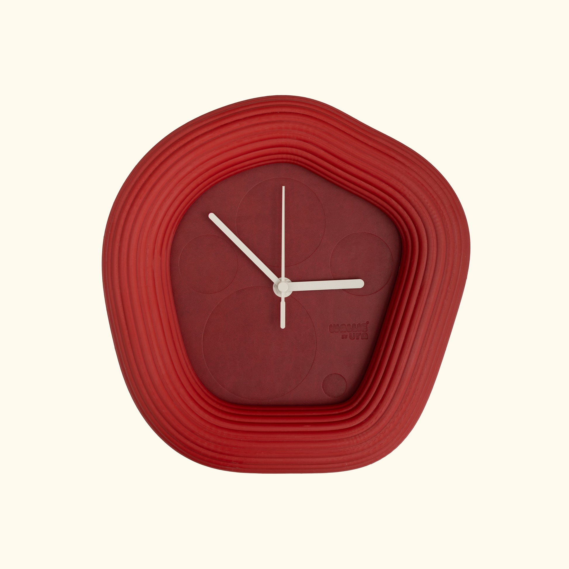 Red Wallie wall clock with white hands on a white background by Ura Watches / Eon Time