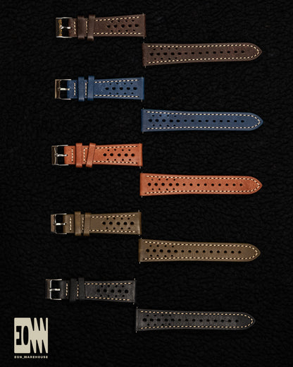 Black Racing Leather Watch Strap – 22mm – Perforated Vintage Rally Style Band – Genuine Leather Watch Bracelet – Motorsport Strap