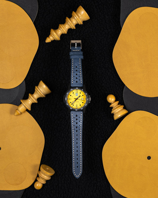 Blue Racing Leather Watch Strap – 22mm – Perforated Vintage Rally Style Band – Genuine Leather Watch Bracelet – Classic Motorsport Strap