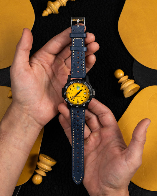 Blue Racing Leather Watch Strap – 22mm – Perforated Vintage Rally Style Band – Genuine Leather Watch Bracelet – Classic Motorsport Strap