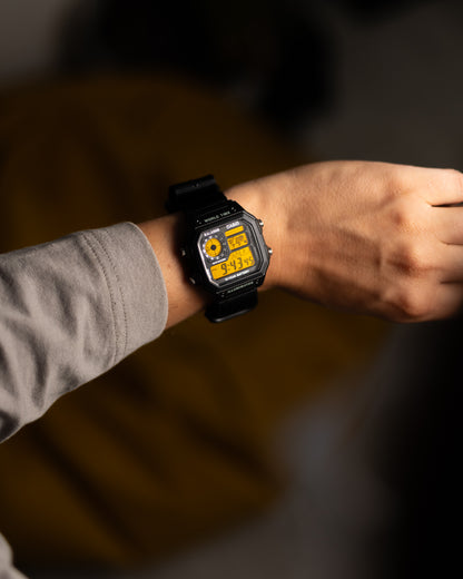 Custom Casio AE-1200 “Yellowstone” by EON Time

Made with one purpose in mind - to be as legible as possible. Good for sports and every activity in which you can’t lose track of time. We used double yellow polarization method in order to make this screen contrast-rich, numbers look much sharper than traditional yellow foil. Paired to black 22mm nylon strap and ready for adventure.