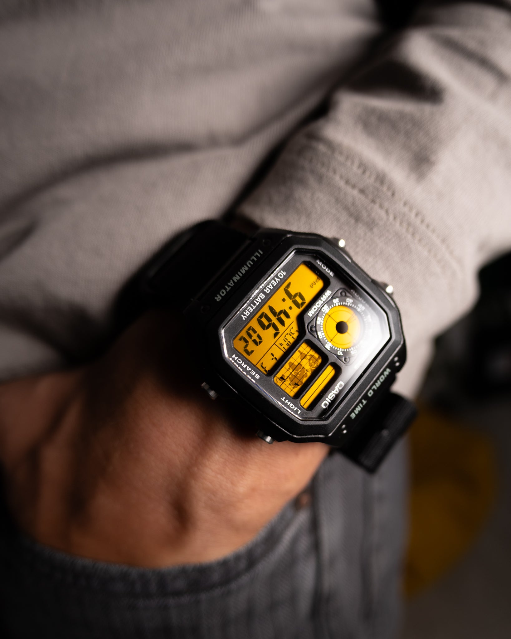 Custom Casio AE-1200 “Yellowstone” by EON Time

Made with one purpose in mind - to be as legible as possible. Good for sports and every activity in which you can’t lose track of time. We used double yellow polarization method in order to make this screen contrast-rich, numbers look much sharper than traditional yellow foil. Paired to black 22mm nylon strap and ready for adventure.