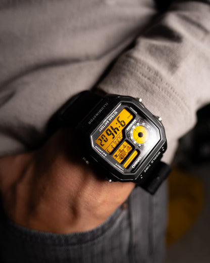 Custom Casio AE-1200 “Yellowstone” by EON Time

Made with one purpose in mind - to be as legible as possible. Good for sports and every activity in which you can’t lose track of time. We used double yellow polarization method in order to make this screen contrast-rich, numbers look much sharper than traditional yellow foil. Paired to black 22mm nylon strap and ready for adventure.