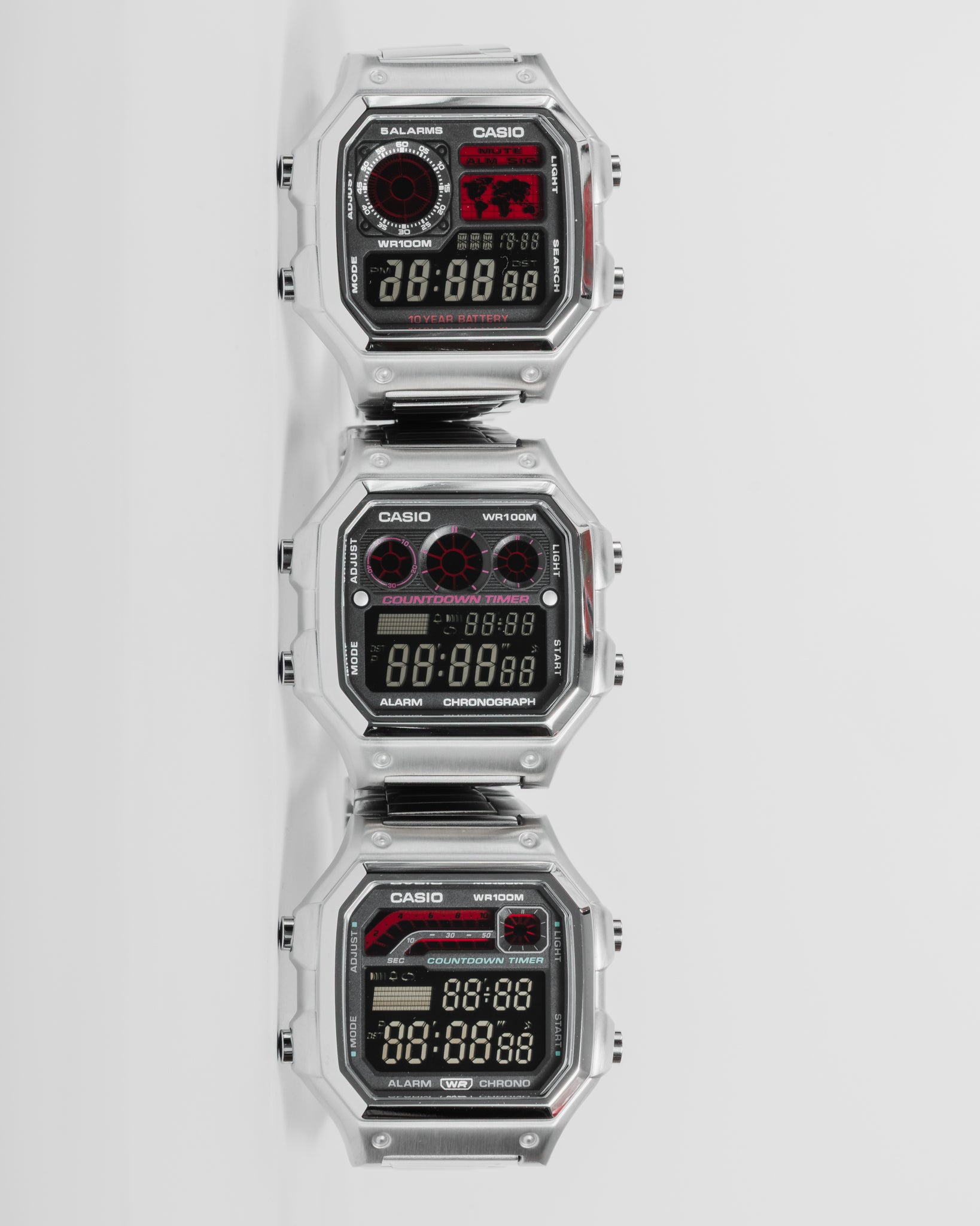 EON Redline Full Metal AE-1300 custom Casio digital watch with red and black display, stainless steel case and bracelet with a full redline set\.