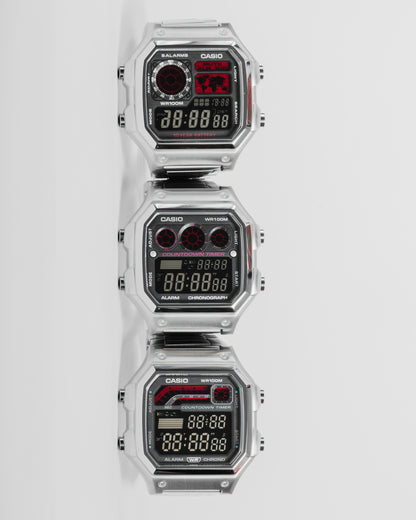EON Redline Full Metal AE-1300 custom Casio digital watch with red and black display, stainless steel case and bracelet with a full redline set\.