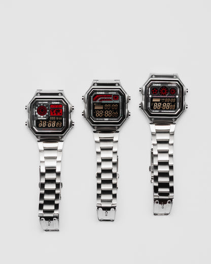 EON Redline Full Metal AE-1300 custom Casio digital watch with red and black display, stainless steel case and bracelet with a full redline set\.