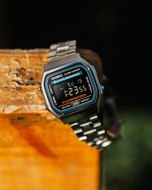 Digital watch with a metallic band modified Casio a168 - Casio mod with negative black screen