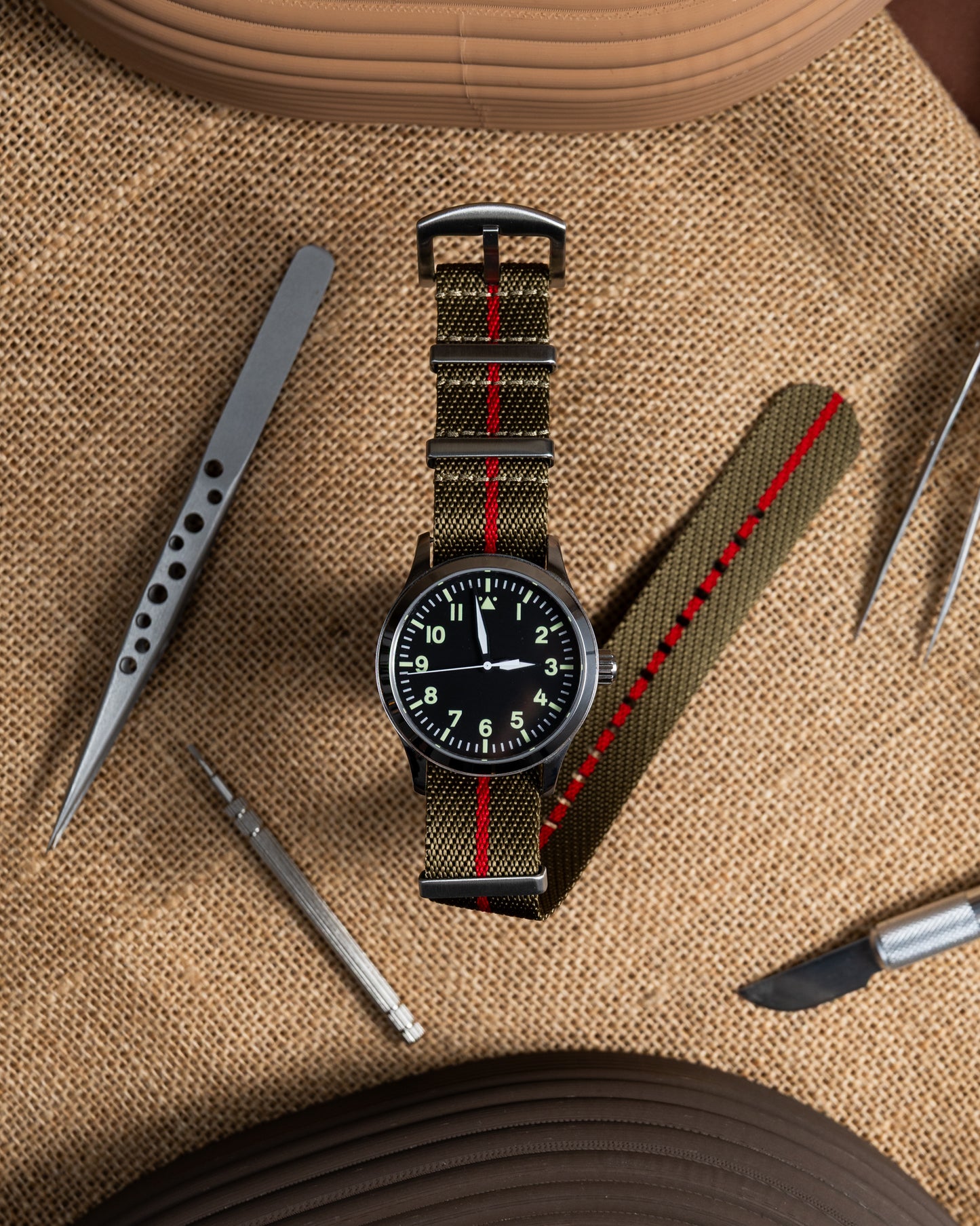 Military Green Nylon Watch Strap - Red Line, 22mm Slip-Through
