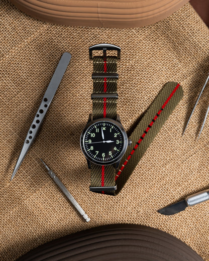 Military Green Nylon Watch Strap - Red Line, 22mm Slip-Through
