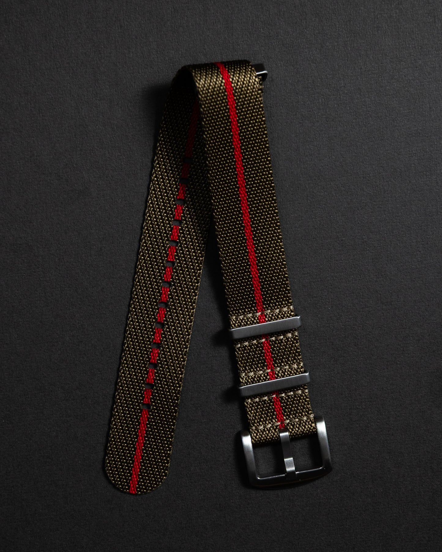 Military Green Nylon Watch Strap - Red Line, 22mm Slip-Through