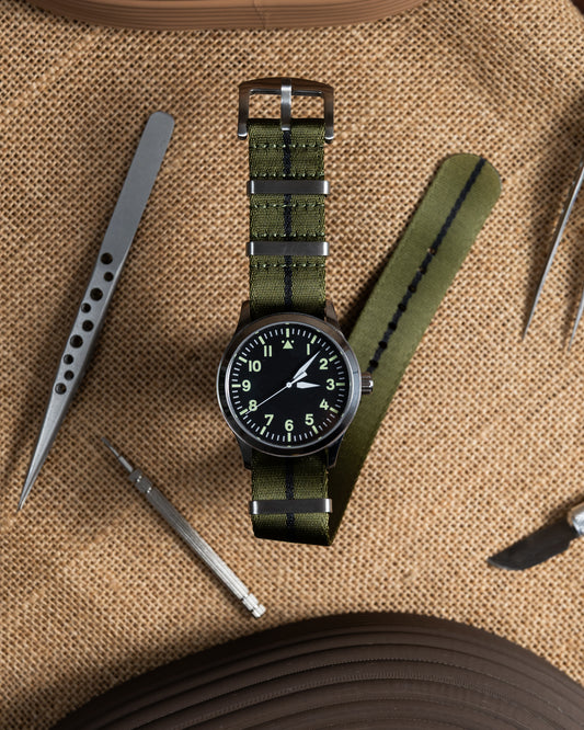 Military Green Nylon Watch Strap - Black Stripe - 22mm Vintage Style