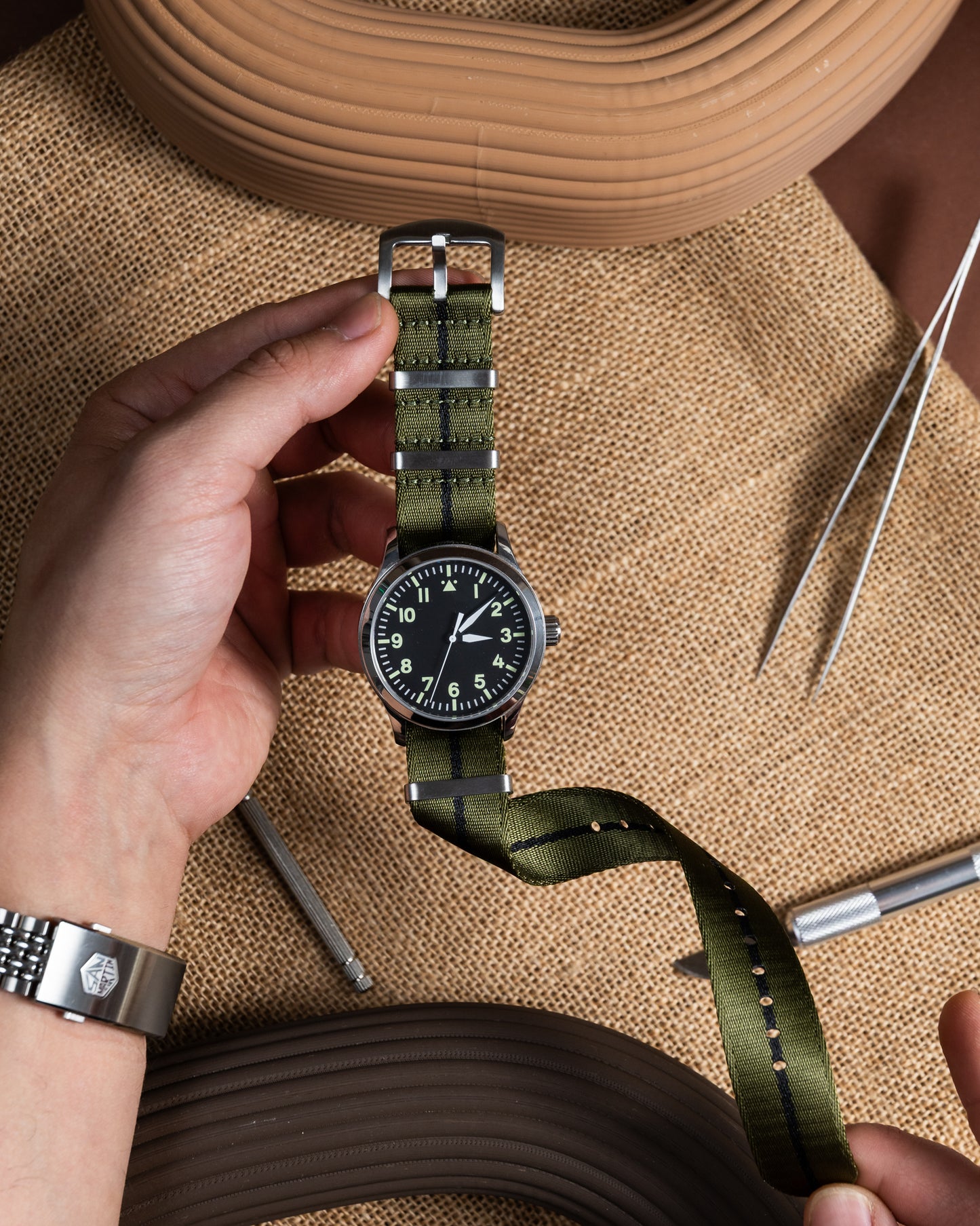 Military Green Nylon Watch Strap - Black Stripe - 22mm Vintage Style