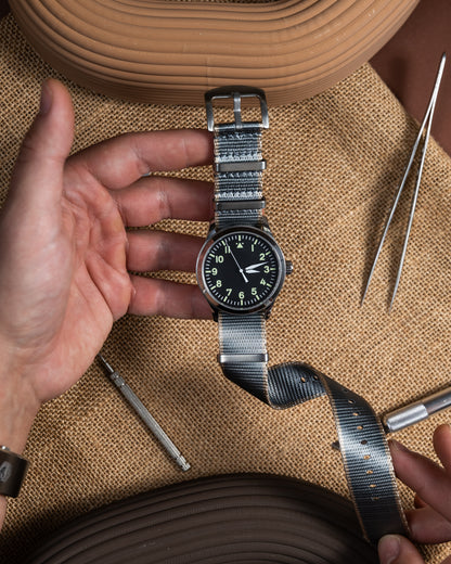 Military Gray Nylon Watch Strap: Vintage Style Slip-Through Band, 22mm