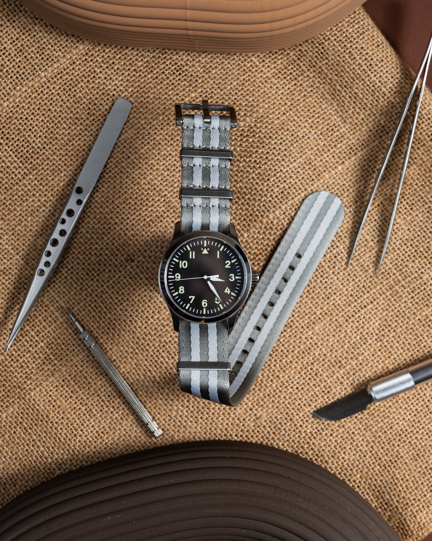 Military Gray Nylon Watch Strap: Silver Lines, 22mm Slip-Through Band