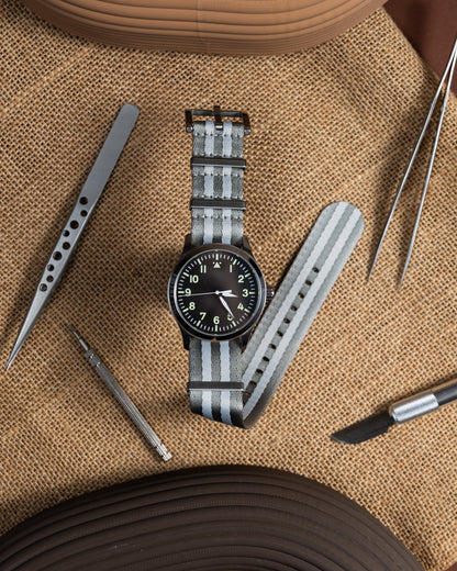Military Gray Nylon Watch Strap: Silver Lines, 22mm Slip-Through Band