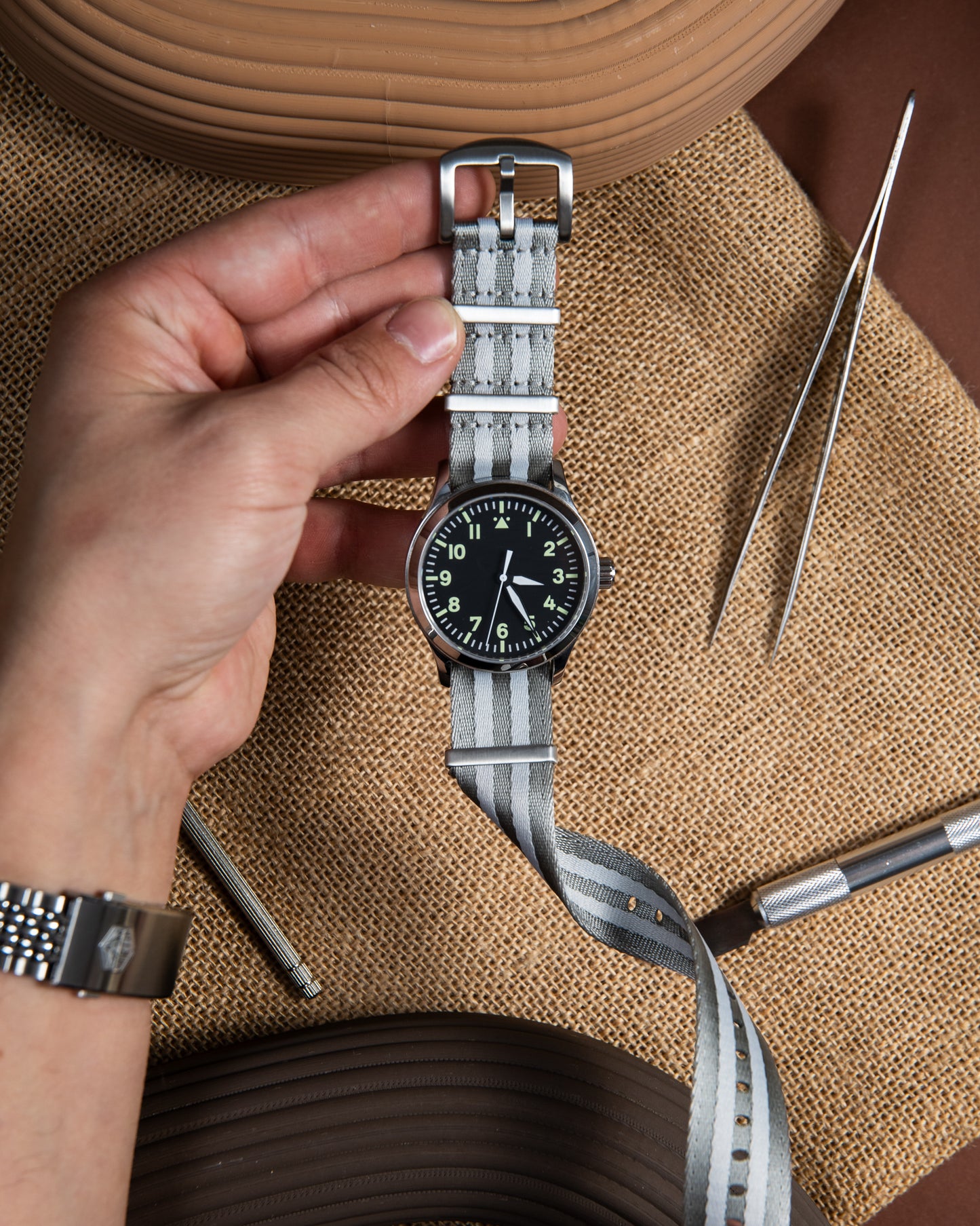 Military Gray Nylon Watch Strap: Silver Lines, 22mm Slip-Through Band