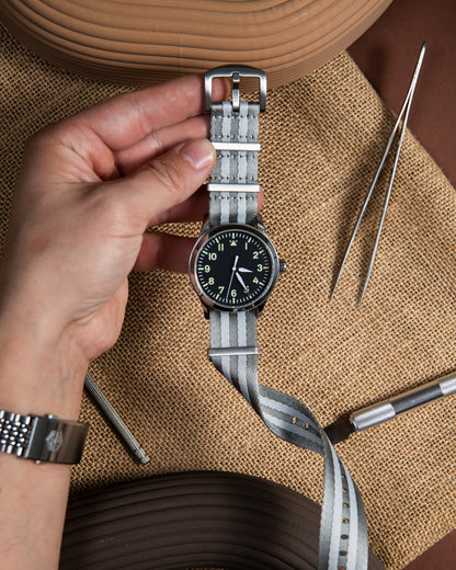 Military Gray Nylon Watch Strap: Silver Lines, 22mm Slip-Through Band
