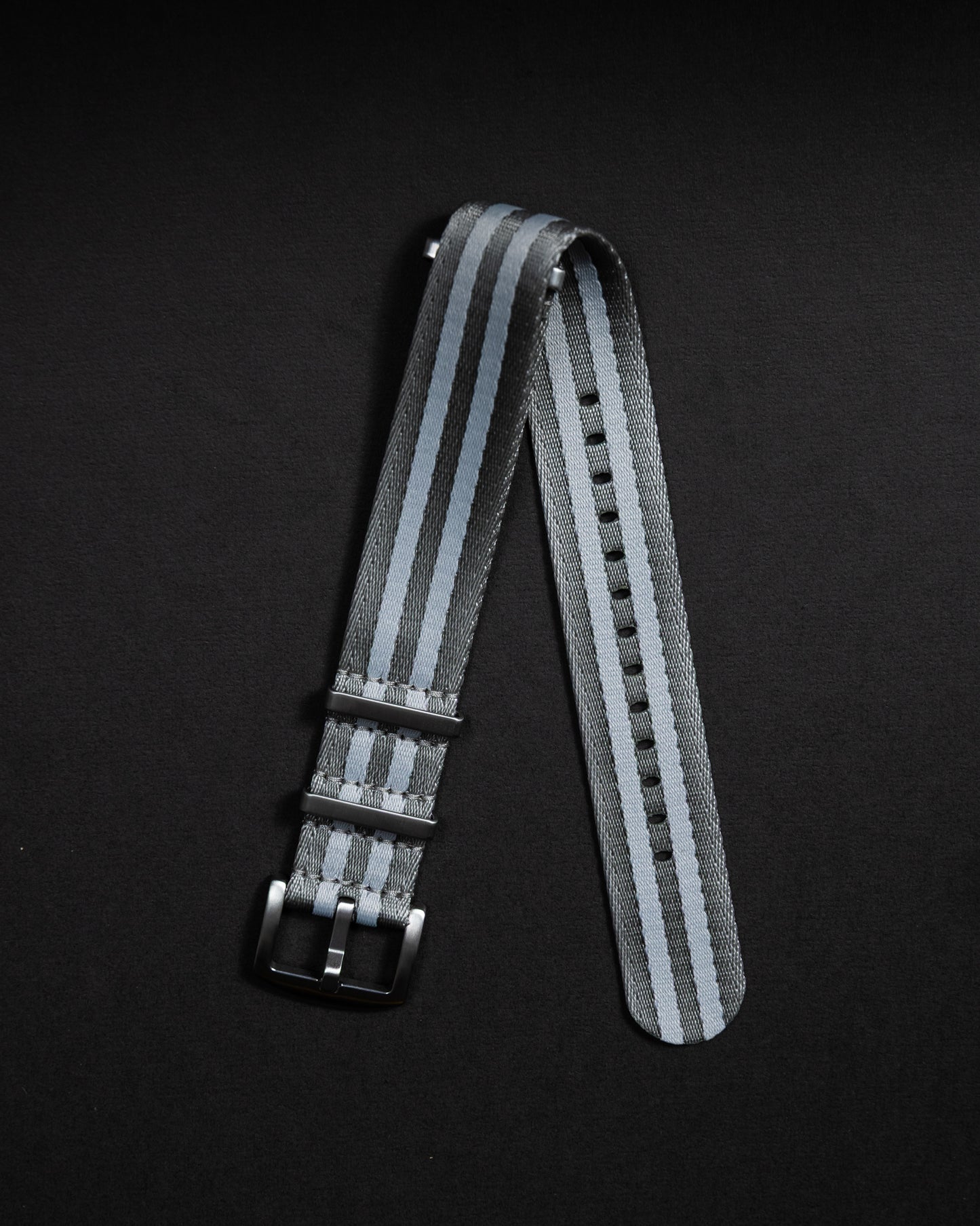 Military Gray Nylon Watch Strap: Silver Lines, 22mm Slip-Through Band