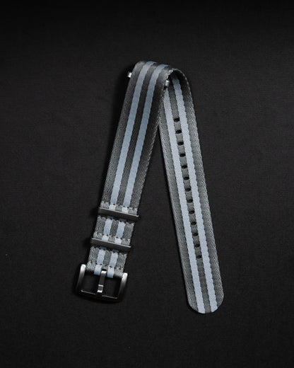 Military Gray Nylon Watch Strap: Silver Lines, 22mm Slip-Through Band