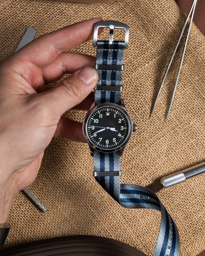 Gray & Blue Nylon Military Watch Strap - 22mm Vintage Style