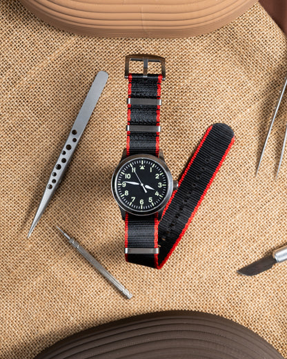 Black & Orange Nylon Watch Strap: Military Style, 22mm Vintage Band