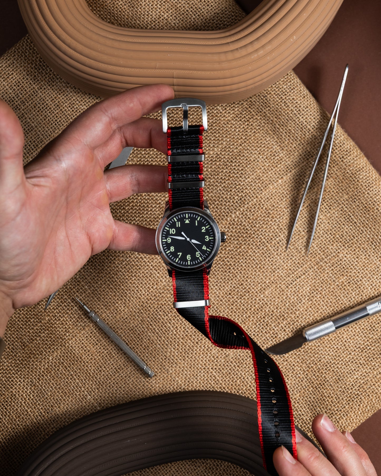 Black & Orange Nylon Watch Strap: Military Style, 22mm Vintage Band