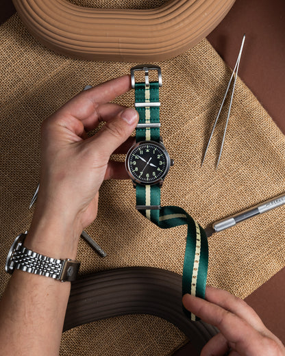 Racing Green Nylon Military Watch Strap: 22mm Slip-Through Band