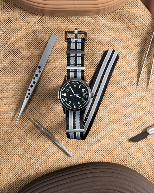 Black & Gray Nylon Military Watch Strap - 22mm Vintage Style