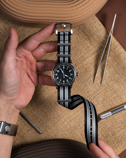 Black & Gray Nylon Military Watch Strap - 22mm Vintage Style