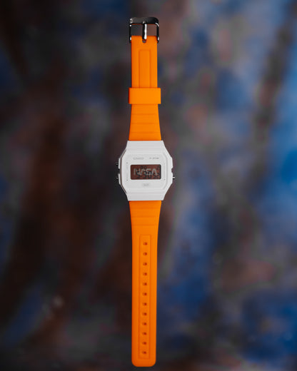 NASA F-91 modified Casio F-91W with white case, bright orange strap and custom display
